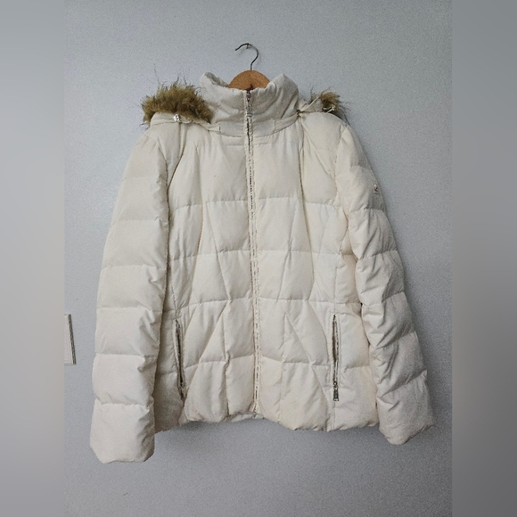 Calvin Klein Jackets & Blazers - Calvin Klein Women Beige Cream Puffer Faux Fur-Lined Hood Jacket Size XL *stains